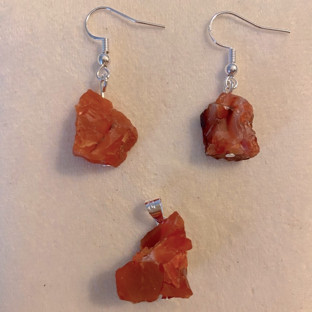 Sterling silver raw carnelian earrings and pendant set